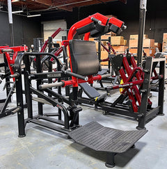 Muscle D Fitness Pro Strength Plate Loaded Hack Squat machine with padded backrest and weight plates for lower body workout.