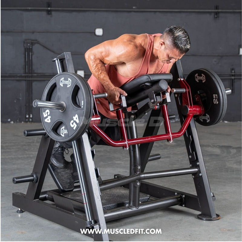 Power Leverage V2 chest-supported linear bearing row machine by Muscle D Fitness, featuring a plate-loaded design for strength training.