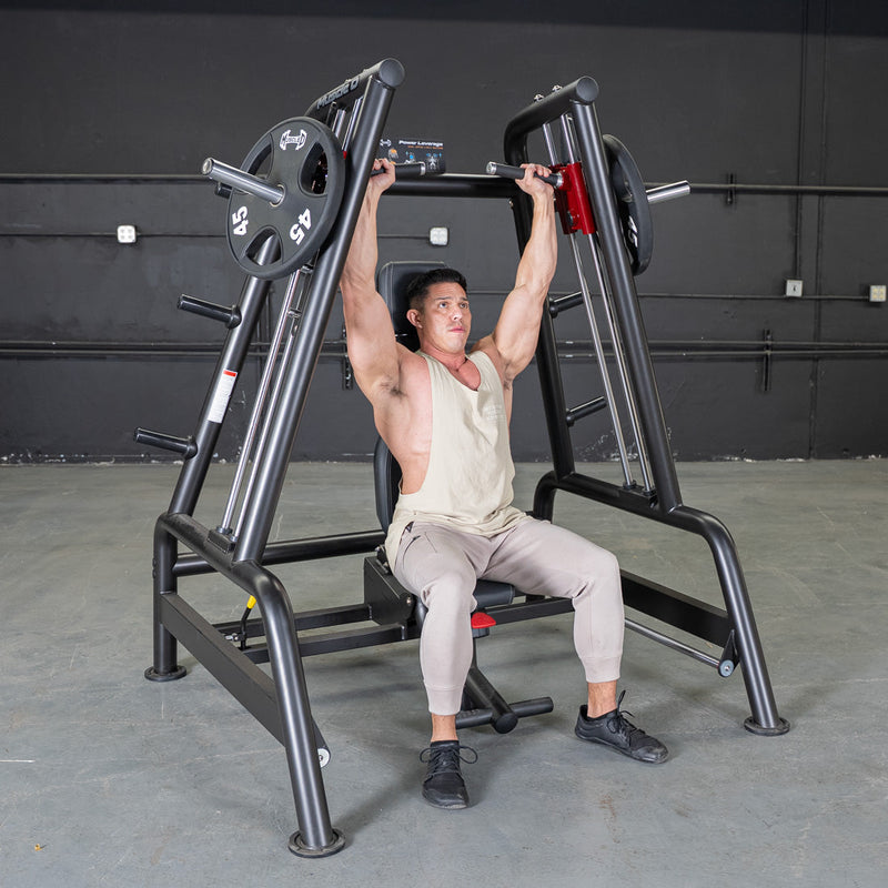 Muscle D Fitness Power Leverage V2 Convergent Bench with padded seat and adjustable supports for versatile strength training.