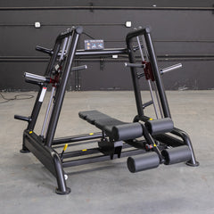 Muscle D Fitness Power Leverage V2 flat and decline convergent plate-loaded bench with padded seat and sturdy frame for strength training.
