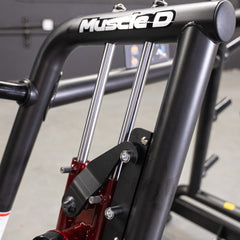 Muscle D Fitness Power Leverage V2 flat and decline convergent plate-loaded workout bench with padded seat and sturdy frame.