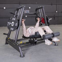 Muscle D Fitness Power Leverage V2 flat and decline convergent bench, plate-loaded gym equipment with adjustable bench for strength training.