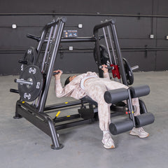 Muscle D Fitness Power Leverage V2 flat and decline convergent bench for plate-loaded strength training.
