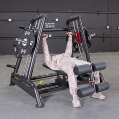 Muscle D Fitness Power Leverage V2 flat and decline convergent plate-loaded bench for strength training and weightlifting exercises.