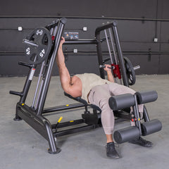 Muscle D Fitness Power Leverage V2 flat and decline convergent plate-loaded bench for strength training and weightlifting exercises.