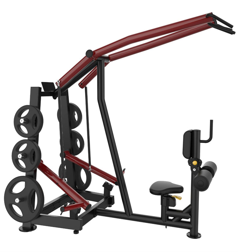 Muscle D Fitness Power Leverage V2 Multi-Grip Lat Pulldown machine with adjustable handles and padded seat for strength training.