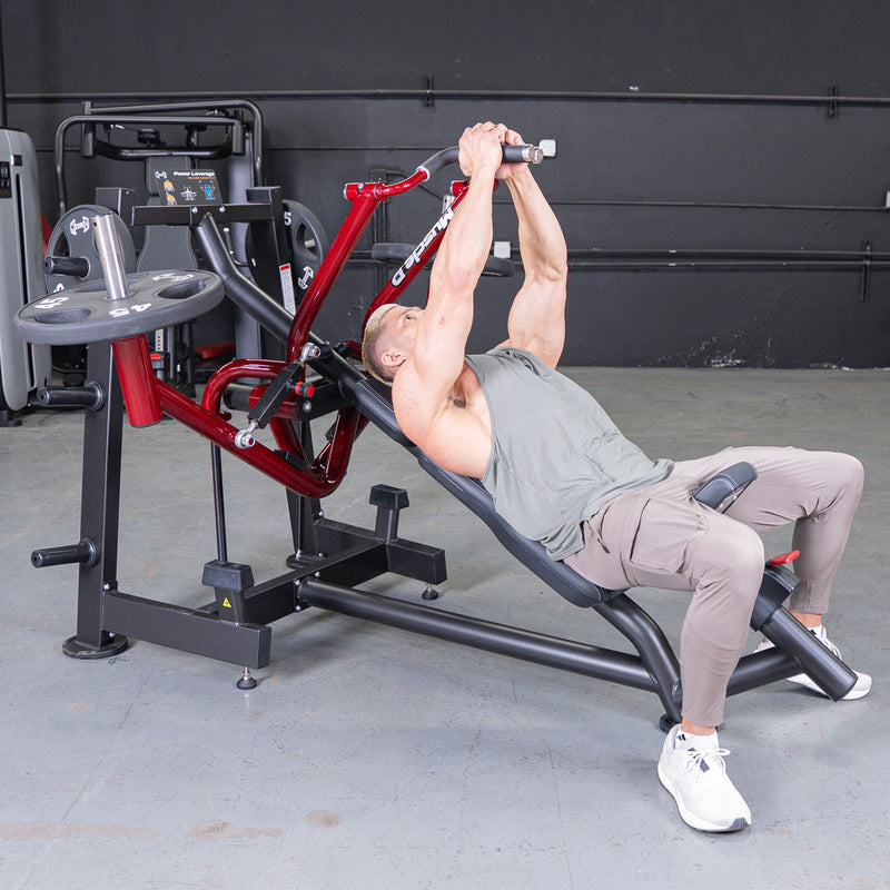 Muscle D Fitness Power Leverage V2 Incline Pec Fly plate-loaded iso-lateral chest machine showing padded arm supports and adjustable settings.