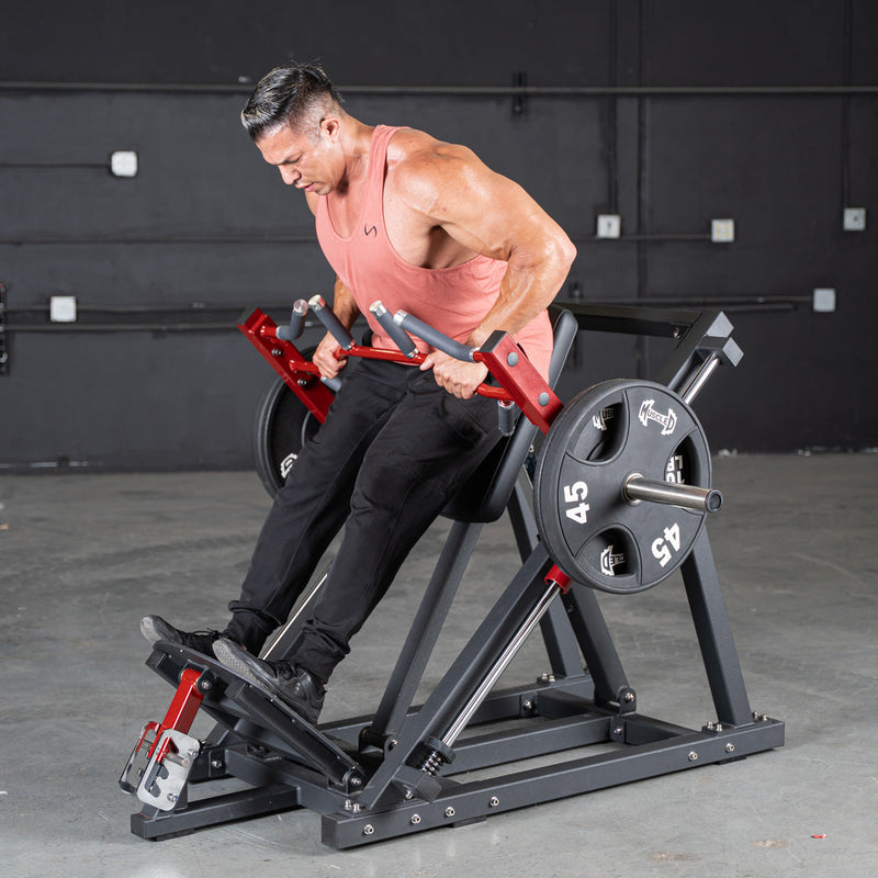 Muscle D Fitness Power Leverage V2 Linear Bearing Row machine for strength training and muscle building in gym settings.