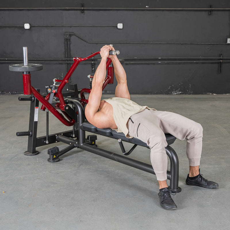 Muscle D Fitness Power Leverage V2 Lying Pec Fly plate-loaded gym equipment with padded seat and adjustable arms for chest workouts.