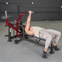 Muscle D Fitness Power Leverage V2 Lying Pec Fly plate-loaded machine with padded seat and adjustable arms for chest workouts
