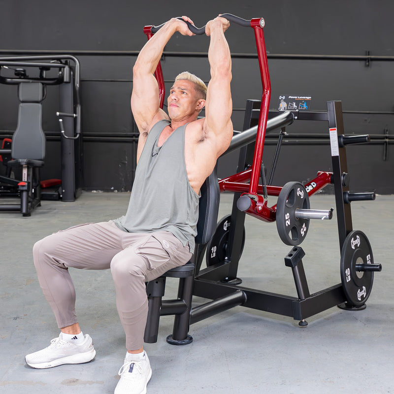 Muscle D Fitness Power Leverage V2 Overhead Triceps plate-loaded exercise machine with padded handles and overhead arm support.