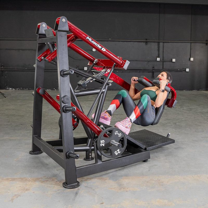 Muscle D Fitness Power Leverage V2 Pendulum Squat machine with padded seat and weight support for strength training exercises.