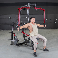 Muscle D Fitness Power Leverage V2 seated pec fly and rear delt combo machine with plate loading and weight storage.