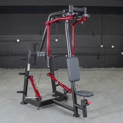 Muscle D Fitness Power Leverage V2 seated pec fly and rear delt combo machine with plate-loaded design and weight storage.