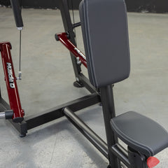 Muscle D Fitness Power Leverage V2 seated pec fly and rear delt combo machine with plate-loaded design and weight storage.