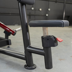 Muscle D Fitness Power Leverage V2 seated pec fly and rear delt combo machine with plate-loaded design and weight storage.