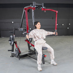 Muscle D Fitness Power Leverage V2 seated pec fly and rear delt combo machine with plate-loaded design and weight storage.