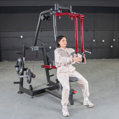 Muscle D Fitness Power Leverage V2 seated pec fly and rear delt combo machine with weight storage, plate-loaded design.