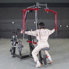 Muscle D Fitness Power Leverage V2 seated pec fly and rear delt combo machine with weight storage, plate loaded for strength training.