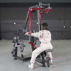 Muscle D Fitness Power Leverage V2 seated pec fly and rear delt combo machine with weight storage, plate loaded design.