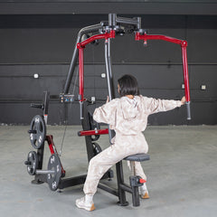 Muscle D Fitness Power Leverage V2 seated pec fly and rear delt combo machine with weight storage, plate loaded for strength training.