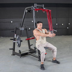 Muscle D Fitness Power Leverage V2 seated pec fly and rear delt combo machine with plate-loaded design and weight storage.