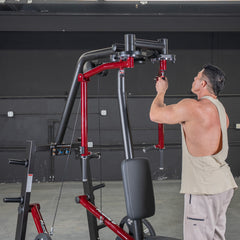 Muscle D Fitness Power Leverage V2 seated pec fly and rear delt combo plate-loaded machine with weight storage, for upper body workouts.