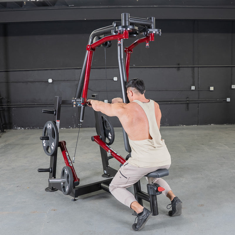 Muscle D Fitness Power Leverage V2 seated pec fly and rear delt combo machine with weight storage, plate-loaded design.