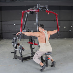 Muscle D Fitness Power Leverage V2 seated pec fly and rear delt combo machine with weight storage, plate-loaded for strength training.