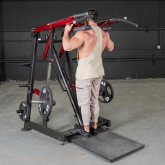 Muscle D Fitness Power Leverage V2 Viking Press Calf machine with padded seat and weight plates for strength training.