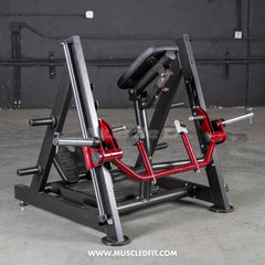 Muscle D Fitness Power Leverage V2 chest-supported linear bearing row plate-loaded machine, showing padded chest support and row handle