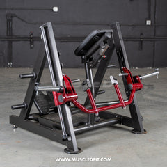 Muscle D Fitness Power Leverage V2 Chest Supported Linear Bearing Row plate loaded gym machine with padded support and handles.