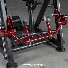 Muscle D Fitness Power Leverage V2 chest supported linear bearing row plate loaded gym machine, close-up view of the equipment.