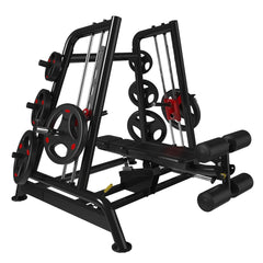 Muscle D Fitness Power Leverage V2 flat and decline convergent bench for plate-loaded strength training, shown from side view.