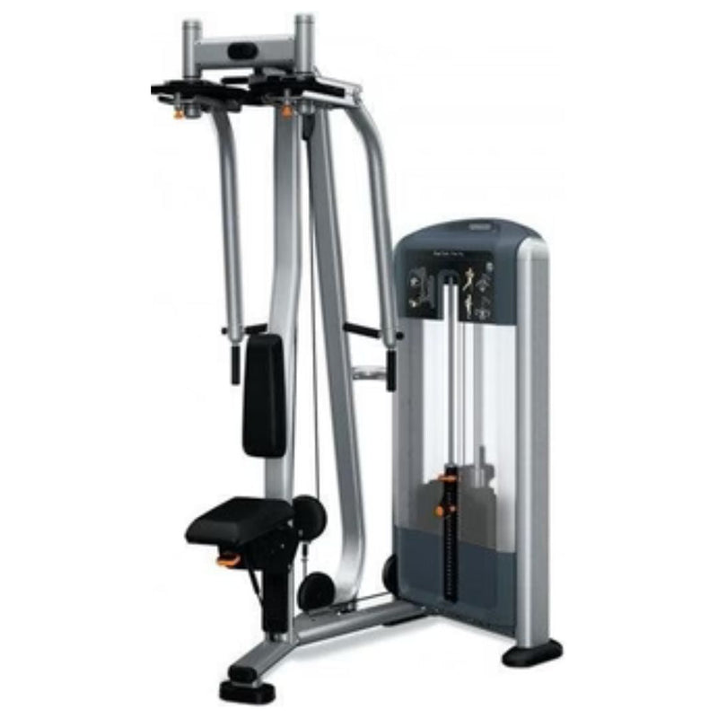 Muscle D Fitness Precor Discovery Series Pec Fly exercise machine with padded seat and adjustable arms for rear delt workouts.