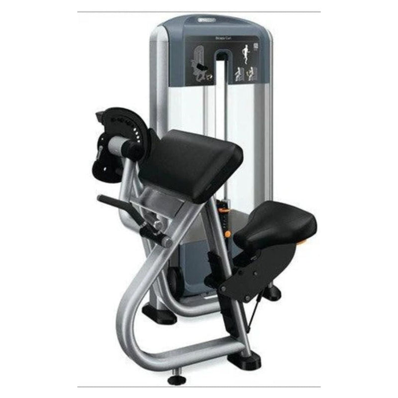 Muscle D Fitness Precor Discovery Series selectorized biceps curl exercise machine with seat and adjustable arm pad for strength training.