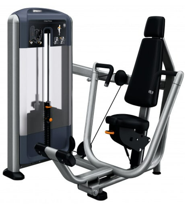 Muscle D Fitness Precor Discovery Series selectorized chest press machine with padded seat and adjustable handles for strength training