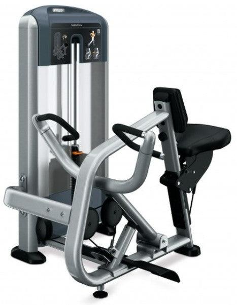 Muscle D Fitness Precor Discovery Series seated row exercise machine with padded seat and handle grips for strength training.