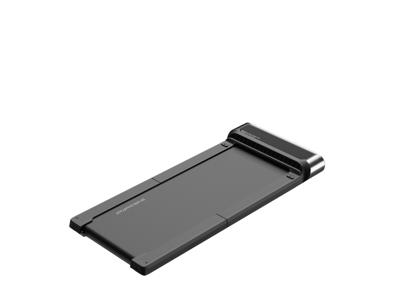 Foldable Kingsmith R3 Walkingpad under desk treadmill shown on smooth surface with control panel and compact design.