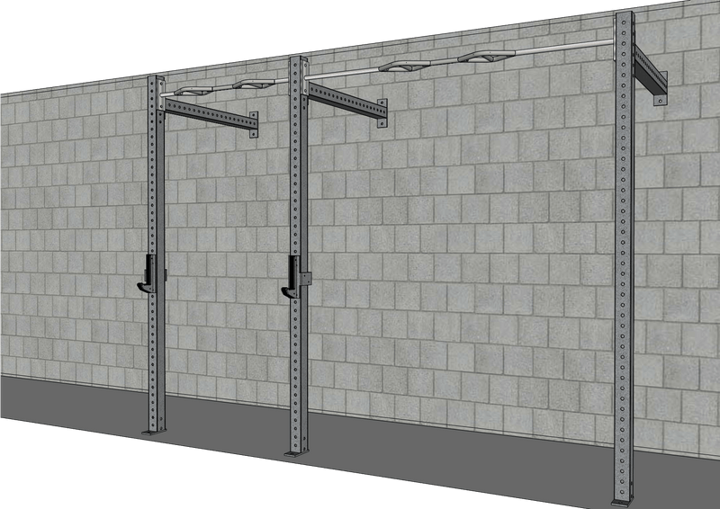 Muscle D Fitness TGrip Commercial 10' wall mount rig with 3x3 steel frame, multi-grip pull-up bars, and sandwich style J-hooks.