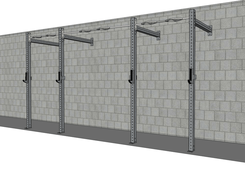 Muscle D Fitness TGrip Commercial 14-foot wall mount rig with 3x3 steel frame, multi-grip pull-up bar, and sandwich-style J-hooks.