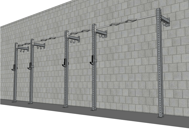 Muscle D Fitness TGrip Commercial 20-foot low profile wall mount rig with 3x3 steel frame, multi-grip pull-up bar, and sandwich style J-hooks.