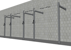 Muscle D Fitness TGrip Commercial 20-foot wall mount rig with 3x3 steel frame, multi-grip pull-up bars, and sandwich style J-hooks