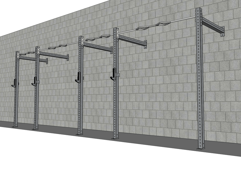 Muscle D Fitness TGrip Commercial 20-foot wall mount rig with 3x3 steel frame, multi-grip pull-up bars, and sandwich style J-hooks
