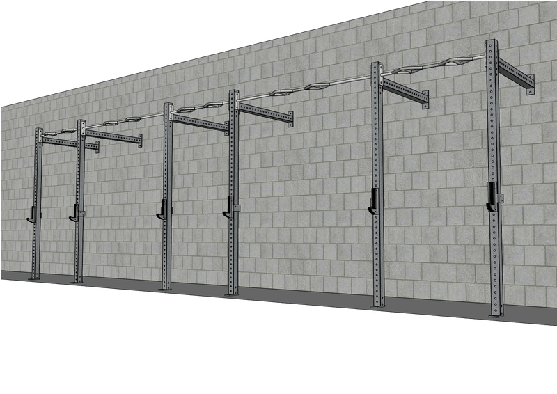 Muscle D Fitness TG-W24-S TGrip Commercial 24-foot wall mount rig with 3x3 steel frame for gym training and functional workouts.