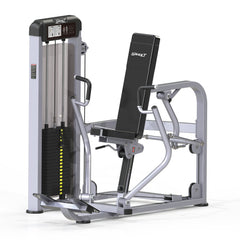Muscle D Fitness selectorized chest press machine with padded seat and handles for strength training exercises.