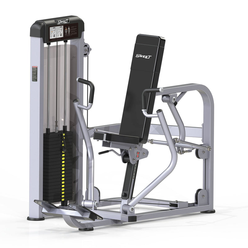 Muscle D Fitness selectorized chest press machine with padded seat and handles for strength training exercises.