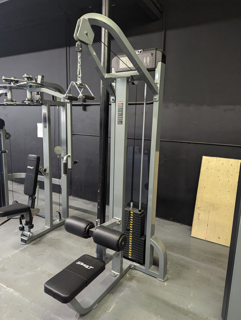 Muscle D Fitness Sweet Lat Pulldown machine with selectorized weight system and padded seat for effective back workouts.