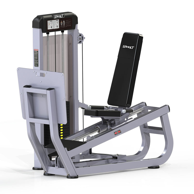 Muscle D Fitness selectorized seated leg press machine with padded seat and adjustable weight stack for lower body strength training.
