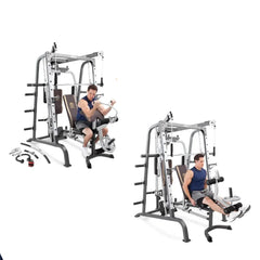 Home gym rack and cage with Smith machine and leg press by 24 Hour Sport, showcasing durable fitness equipment for strength training.